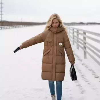 2024 Новая демисезонная куртка для женщин Повседневная длинная хлопковая куртка с капюшоном Женская зимняя длинная куртка выше колена Женская одежда M чёрный