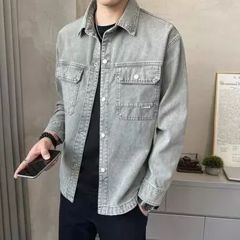 2024 Новая джинсовая хлопковая мужская рубашка с длинным рукавом, синяя с заниженными плечами и карманами на пуговицах, ковбойские свободные повседневные рабочие джинсовые рубашки XL синий