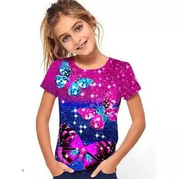 2024 Новая фиолетовая бабочка 3D принт футболка для девочки повседневные топы футболки с коротким рукавом для девочек летние детские футболки Chicas Camiseta 110