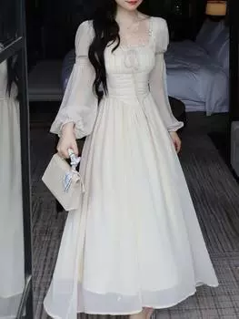 2024 Новая французская длинная юбка темперамент квадратный вырез шифон длинный рукав сказочный дворец ветер платье ранняя весна S бежевый