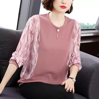2024 Новая футболка с длинными рукавами в стиле Mother Spring для женщин от 40 до 50 лет, свободная верхняя одежда для женщин среднего и пожилого возраста, топы M розовый