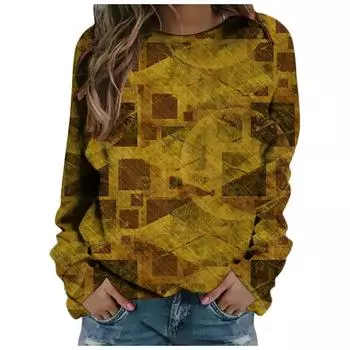 2024 Новая футболка с круглым вырезом, весна-осень, женская мода, свободный топ с геометрическим узором и графическим принтом, длинные рукава S