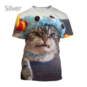 2024 Новая футболка с принтом «Забавный кот» в 3D-стиле, модная унисекс, хип-хоп, уличный стиль, повседневная футболка с круглым вырезом и коротким рукавом S