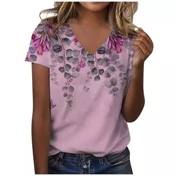 2024 Новая футболка с V-образным вырезом и принтом 3D-бабочки, женская футболка, летняя мода, топы с коротким рукавом, свободный летний топ, женская одежда S