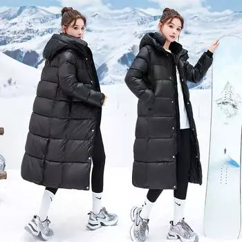 2024 новая глянцевая черная одежда на пуху с хлопковой подкладкой, длинная, выше колена, утолщенная свободная куртка на хлопковой подкладке, одежда на хлопковой подкладке для женщин S чёрный