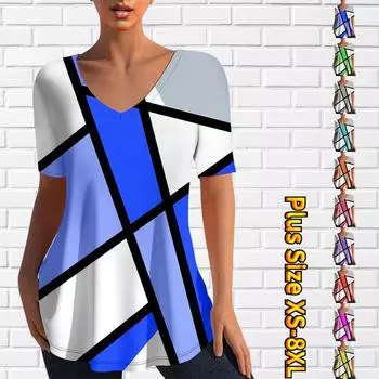 2024 Новая классическая приталенная летняя футболка с коротким рукавом и v-образным вырезом, модная повседневная футболка, модный топ с 3D принтом, женский топ L