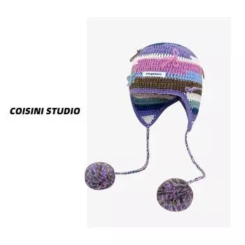 2024 новая контрастная полосатая шапка с бантом, подвесная шерстяная шапка женская осенне-зимняя теплая универсальная вязаная шапка с защитой от ушей M56-58cm