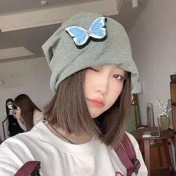 2024 новая корейская трехмерная шапка-мешок с бабочкой женская весенне-летняя милая и крутая универсальная холодная шапка с изображением лица маленькая M56-58cm зелёный