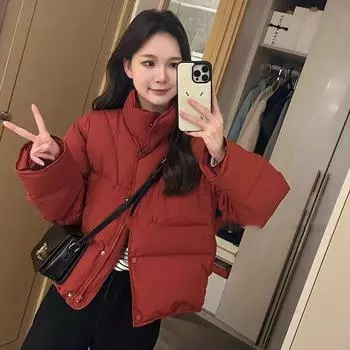 2024 новая корейская версия хлопковая одежда женская стойка воротник с длинными рукавами свободная и утолщенная повседневная универсальная пуховая хлопковая одежда куртка женская S красный