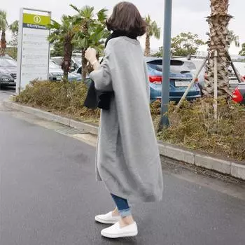 2024 новая корейская версия свободного большого размера свитер длинный круглый вырез трикотажное платье низ плотный one size fits all серый