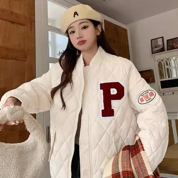 2024 Новая короткая бейсбольная форма в стиле колледжа, осенне-зимняя куртка из хлопка, корейская версия, свободная утолщенная хлопковая куртка в иностранном стиле S [Recommended below 50kg]