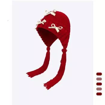 2024 новая красная вязаная шерстяная шапка с бантом детская зимняя теплая модная ручная работа длинная косичка-пуловер шапка M (56-58cm) 3 large bow fringed knitted hat красный
