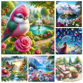 2024 Новая круглая квадратная алмазная картина Пейзаж Птица Цветок Замок 5d Diy Вышивка Мозаика Вышивка крестом Украшение для дома Full Round 20x20CM