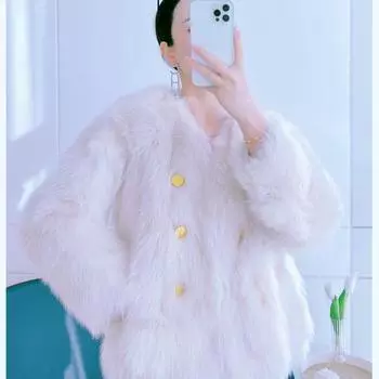 2024 новая куртка из искусственного меха женская хлопковая утолщенная зимняя имитация лисьего меха молодая пуговица плюшевый топ S чёрный