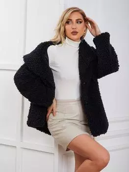 2024 новая куртка из искусственного меха женская одежда однотонная осень и зима теплая плюшевая S чёрный