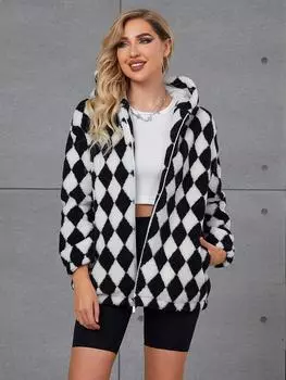 2024 новая куртка из искусственного меха женская одежда ромбовидная клетка с капюшоном короткая меховая интегрированная S