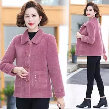 2024 новая куртка из искусственной овечьей шерсти для мам среднего и пожилого возраста, иностранная осенняя и зимняя одежда, тонкий шерстяной топ M розы красного