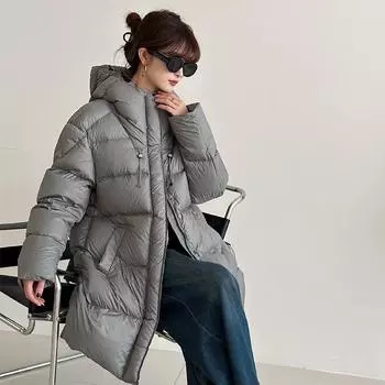 2024 новая куртка на белом утином пуху 90, женская, средней и длинной длины, утепленная, с капюшоном, куртка на толстом ворсе S (recommended 90-60kg) темно-коричневого