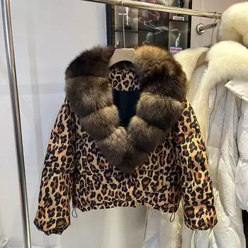 2024 новая куртка на гусином пуху с воротником из лисьего меха, женская куртка-пуховик высокого класса, короткая модная меховая куртка S чёрный