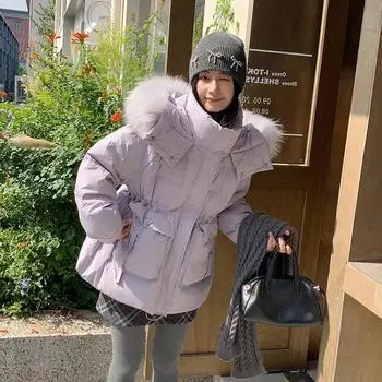 2024 Новая куртка-пуховик с большим меховым воротником, женская белая утиная пуховая свободная утолщенная зимняя куртка с капюшоном S 90-60kg светло-фиолетовый
