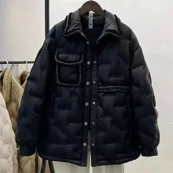 2024 Новая легкая и тонкая куртка из прессованного пуха для женщин, средняя и длинная, воротник рубашки Xiaoxiangfeng, модное осенне-зимнее пальто S белый