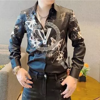 2024 Новая летняя элегантная модная готическая свободная повседневная красивая мужская рубашка мужская одежда с принтом на пуговицах, V-образным вырезом, длинным рукавом, шикарные топы L белый