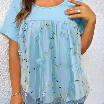 2024 Новая летняя футболка с цветочным принтом, женские сетчатые розовые футболки больших размеров с короткими рукавами, женские элегантные топы с рюшами, женские футболки с кружевной аппликацией XL розовый