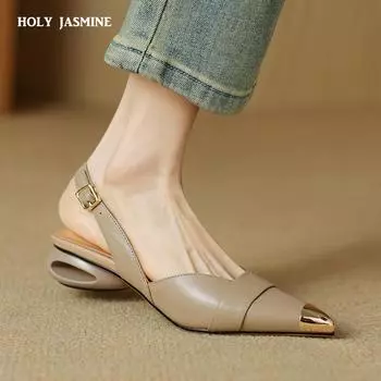 2024 Новая летняя модная женская обувь из натуральной кожи, женские сандалии с острым носком, туфли на толстом каблуке для женщин, мягкие сандалии на среднем каблуке 34 чёрный