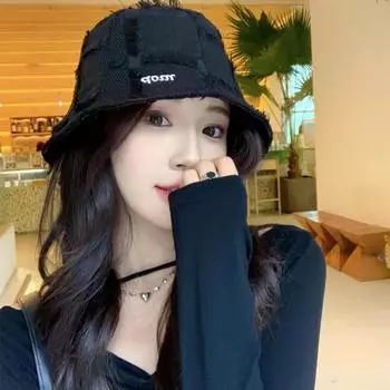 2024 Новая летняя шляпа рыбака, детская дизайнерская шляпа-ведро, весенне-осенняя шляпа с маленьким солнцезащитным козырьком для лица, шляпа-тазик M56-58cm чёрный