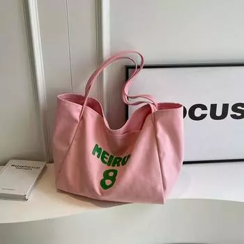 2024 Новая летняя сумка из холста с алфавитным принтом, женская сумка через плечо с большим объемом, ленивая сумка-тоут чёрный