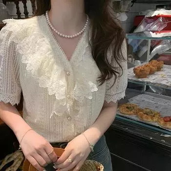 2024 Новая летняя универсальная кружевная рубашка с v-образным вырезом и короткими рукавами, женская верхняя кружевная рубашка S абрикосовый