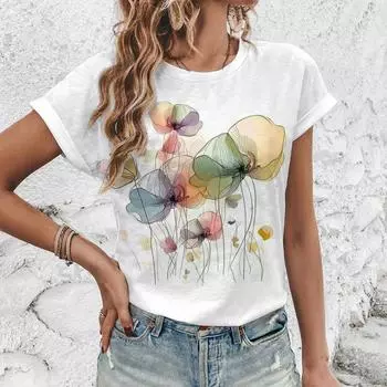 2024 Новая летняя женская футболка с цветочным принтом, короткий рукав, круглый вырез, женская одежда, футболка больших размеров, удобная футболка S-3XL S