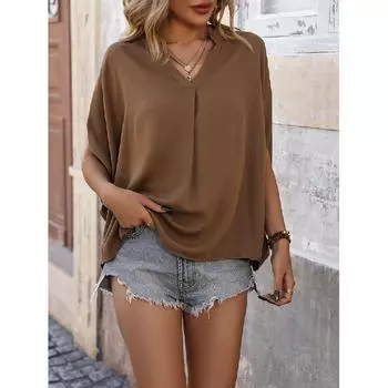 2024 Новая летняя женская одежда Элегантная однотонная рубашка с рукавами «летучая мышь» для женщин S