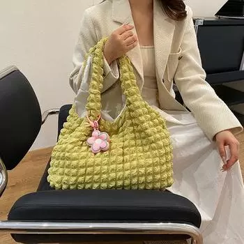 2024 новая маленькая свежая плиссированная женская сумка-пузырь, цветочная милая сумка-тоут большой вместимости простая сумка через плечо single bag жёлтый