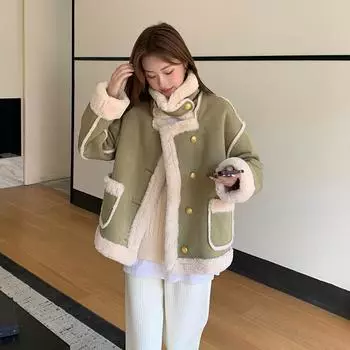 2024 новая меховая интегрированная локомотивная одежда женская осенне-зимняя утолщенная короткая куртка из овечьей шерсти S 90-52.5 kg темно-зеленого
