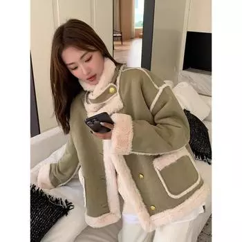 2024 новая меховая интегрированная локомотивная одежда женская осенне-зимняя утолщенная корейская короткая куртка из овечьей шерсти M 116-65kg loose version