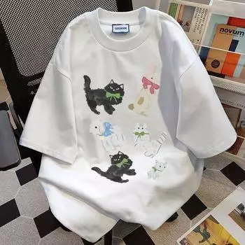 2024 Новая милая футболка с круглым вырезом и животным принтом для мужчин и женщин из чистого хлопка, летняя модная тенденция, повседневный удобный топ с короткими рукавами для пар, Harajuku S белый