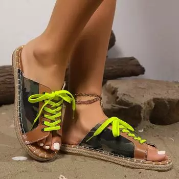 2024 новая мода европейская и американская внешняя торговля большой размер богемная вышивка повседневная ремешок открытый носок плоская подошва пляжная женская драг 36 армия зеленый