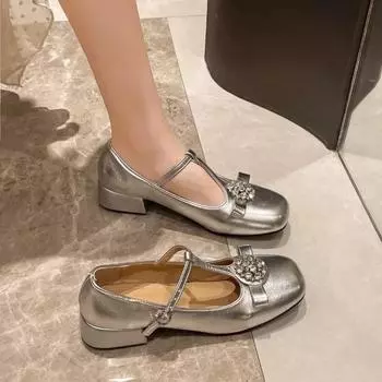 2024 Новая мода, хит продаж, украшенная стразами, квадратный носок, женская обувь, толстый каблук, удобная однотонная женская обувь 34 чёрный