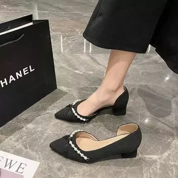 2024 Новая мода, хит продаж, женская обувь, украшенная бисером, с острым носком, на толстом каблуке, универсальная, без застежек, женская обувь в стиле темперамент 34 абрикосовый