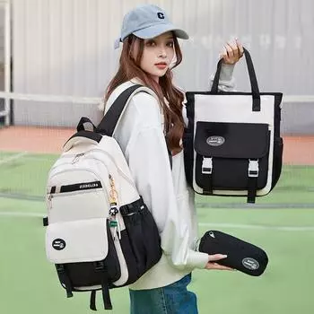 2024 Новая мода, комплект из 3 предметов, школьный рюкзак, простая сверхлегкая сумка для книг для учеников 5-6 классов, маленькая свежая сумка большой вместимости с сумкой для репетиторства, пенал Style B чёрный