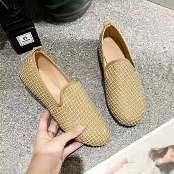 2024 Новая мода круглый носок однотонные сетчатые женские туфли на плоской подошве с закрытым носком весна и осень женская обувь без застежек Zapatos 36 бежевый