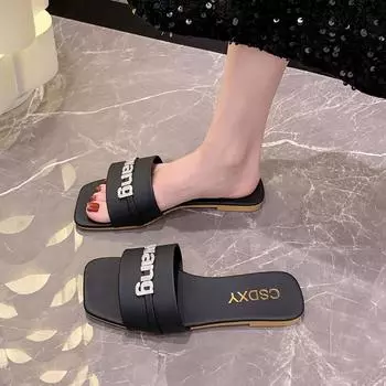 2024 Новая мода квадратный носок открытый носок летние удобные низкие каблуки украшенные стразами верхняя одежда женские тапочки однотонные 35 бежевый