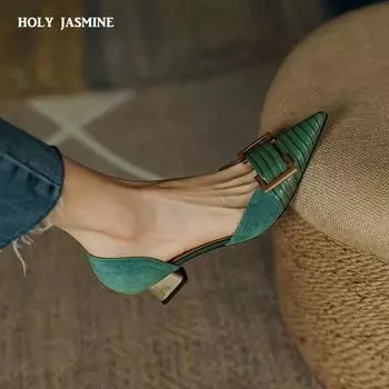 2024 Новая мода натуральная кожа обувь женские туфли на высоком каблуке праздничные свадебные туфли весна-лето туфли на каблуках женская обувь на каблуках для женщин 34 зелёный