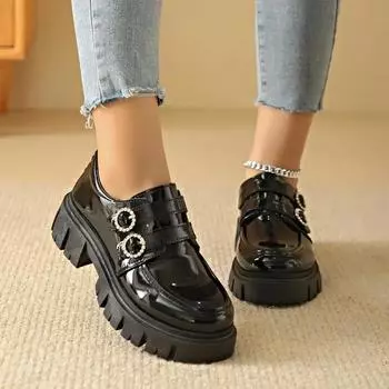 2024 Новая мода однотонные туфли на каблуках с ремешком, украшенные стразами, женская обувь на толстой подошве с удобной пряжкой, весна и осень 36 хаки