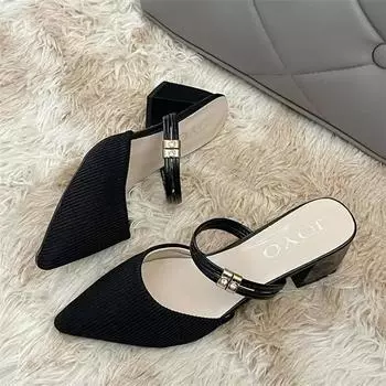 2024 Новая мода однотонные универсальные и удобные женские тапочки на квадратном каблуке Baotou, самые продаваемые летние тапочки 35 бежевый