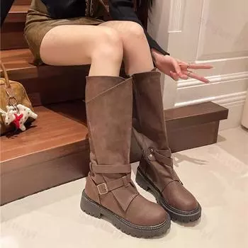 2024 Новая мода пряжка дизайнер рыцарь женские длинные сапоги толстый высокий каблук платформа панк высокие сапоги готическая уличная обувь для женщин 35 чёрный