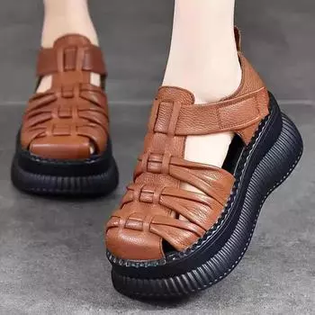 2024 Новая мода ретро летняя обувь женские босоножки на танкетке ручной работы из натуральной кожи полые повседневные сандалии женские черные 35 чёрный