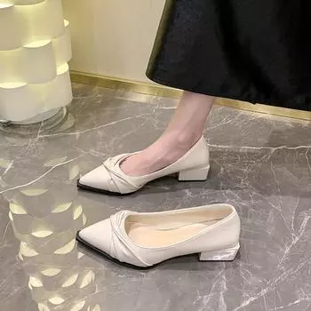 2024 Новая мода весна и осень остроносые туфли-лодочки с неглубоким носком повседневные женские туфли на толстом каблуке туфли на высоком каблуке 35 чёрный