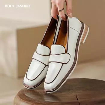 2024 Новая мода весна/осень женские мокасины коровья кожа квадратный носок толстый каблук женская обувь повседневные туфли на низком каблуке для женщин 34 белый